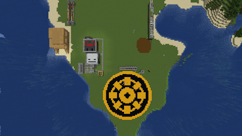 Aerial view of Sol. A Sol emblem from Boktai is prominent, as well as a skeleton farm, spider farm, and beach hut, among other things.