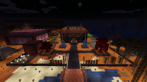 A blackstone house with copper roofing and other crimson plank structures is fenced in with more blackstone. Banners with orange on black lettering read VANTA BLACK.